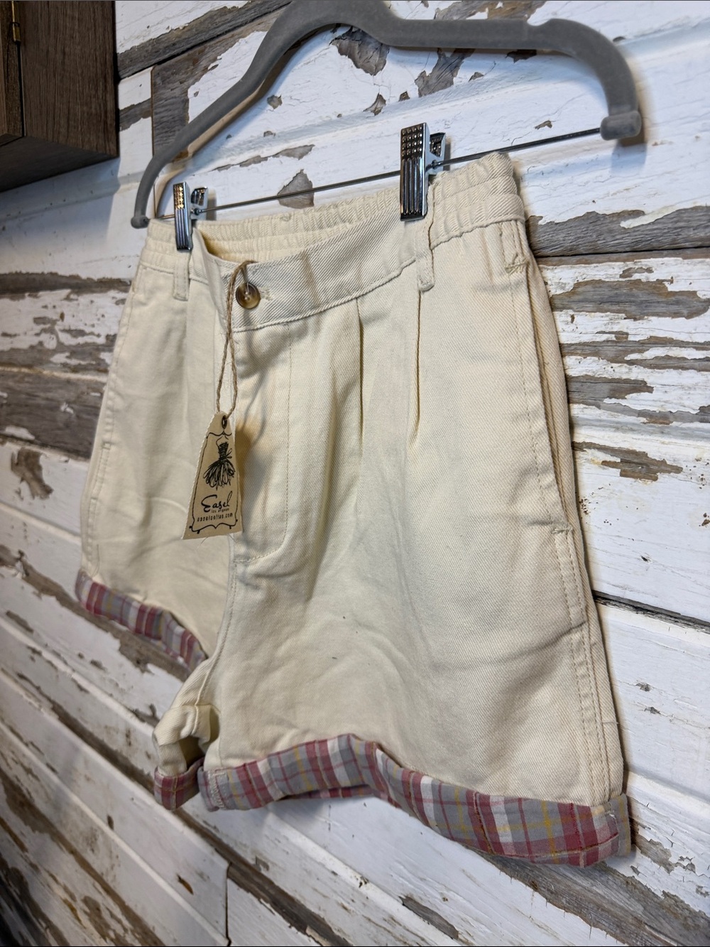 Easel Cream High-Waist Shorts with Plaid Trim (38 - Picture 2 of 6